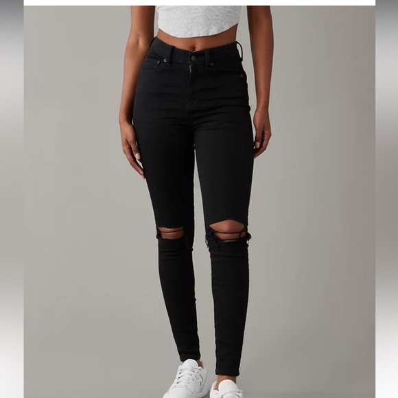 AE Curvy Hi-Rise High-Waisted Black Jegging, Ripped Skinny Fit - Picture 1 of 10
